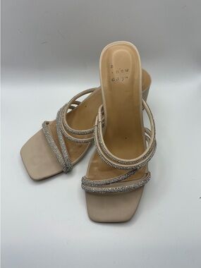 a new day Beige Strappy Rhinestone Block Heel Mules